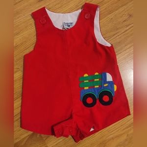 Samara 12 MOS vntg boys Farm Truck one piece , snap crotch, button straps. EXCEL